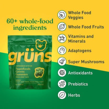 Gruns Adults Super Greens Gummies, Multivitamin Superfood Gummy Bears with Spirulina, Chlorella, Prebiotics & Fiber for Digestive Health, Adaptogens Supplement with 20 Vitamins & Minerals, 28 Count